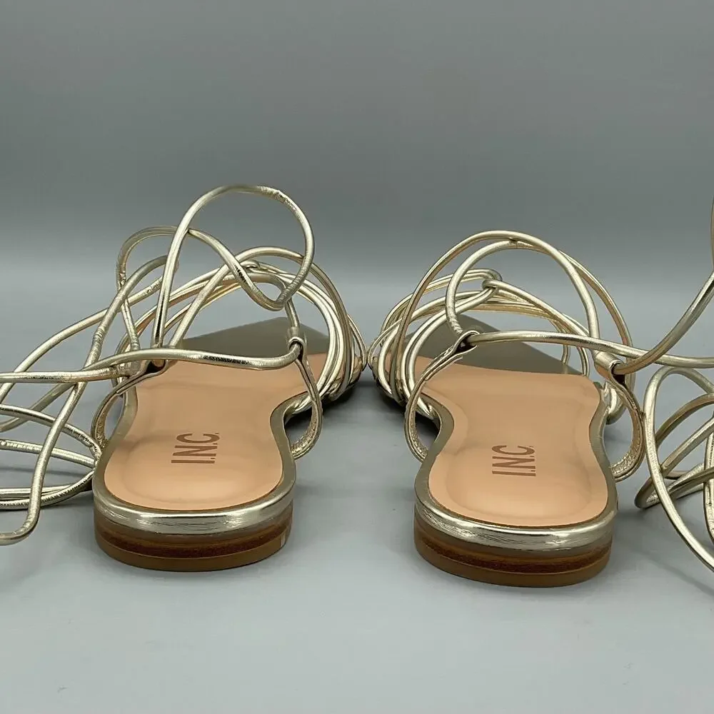 NEW INC Women’s Kharmaa Lace Up Flat Sandals Gold Size 11M